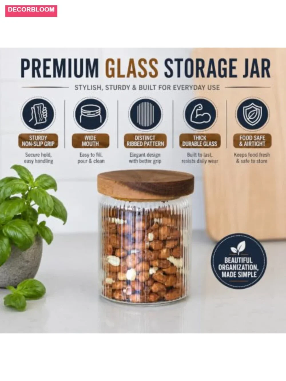 Set of 3 Airtight Fluted Glass Canisters with Wooden Lids 17oz